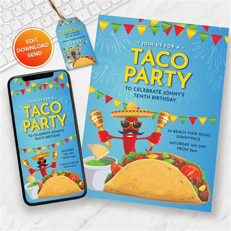 Taco Party Invitation, Taco Birthday Invite, Fun Taco Invite, Editable ...