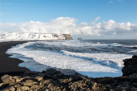 Winter Landscape with Black Sand Beach and Ocean Waves, Iceland Stock ...