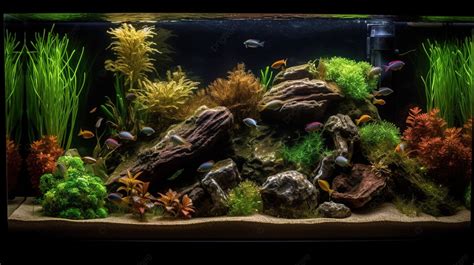 The Fish Aquarium Includes Various Plants And Rocks Background ...