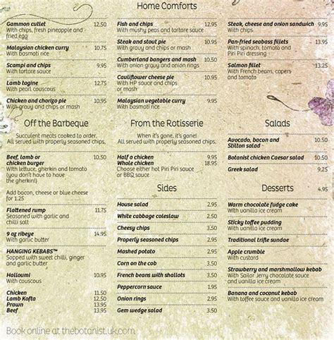 Menu at The Botanist restaurant, Manchester, Deansgate