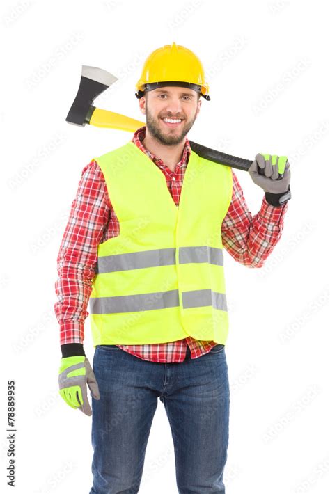 Smiling lumberjack with an axe on the shoulder Stock Photo | Adobe Stock