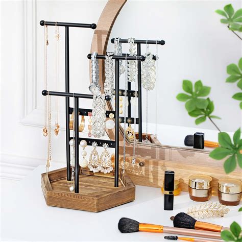 SONGMICS Jewelry Display Stand Holder, Metal and Wood Jewelry Tree, for ...