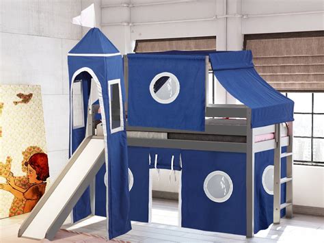 JACKPOT! Castle Low Loft Bed with Slide Blue & White Tent and Tower ...