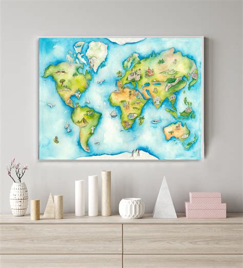 Watercolor Map of the World | Home Design | Art Print Custom Watercolor ...