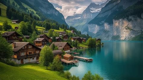 Swissalpsalpseagles Lake With Wood Houses And Mountain Forest ...