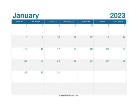 January 2023 Editable Calendar with Holidays