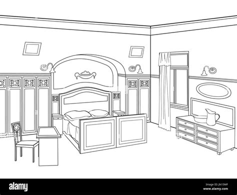 Bedroom furniture. Editable vector illustration of an outline sketch of ...