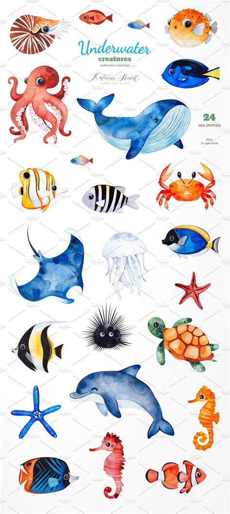 Underwater Creatures. by Kate_Rina on @creativemarket Sea Creatures ...