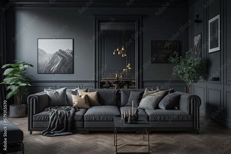 Gray and black living room. interior of a dark, empty room. Designs ...