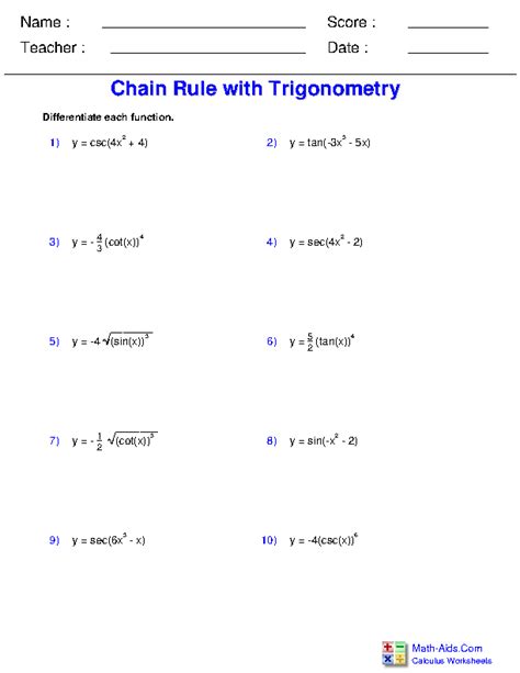 Chain Rule Derivatives Worksheet