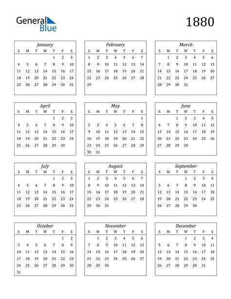 1880 Calendar (PDF, Word, Excel)