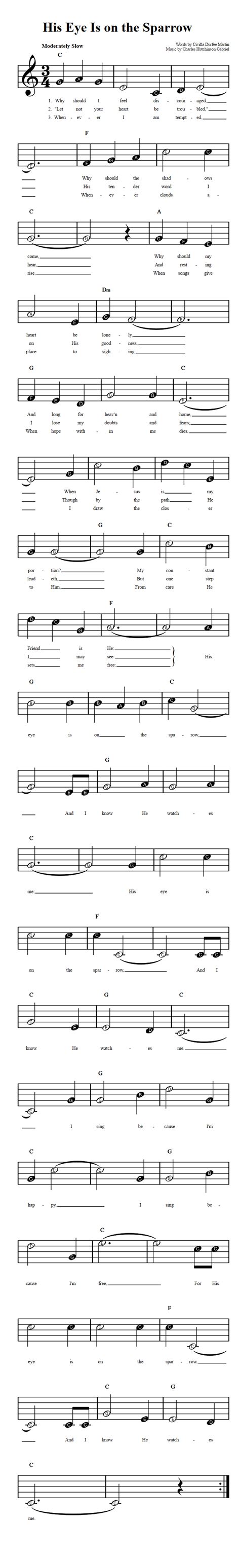 His Eye Is on the Sparrow: Beginner Sheet Music with Chords and Lyrics