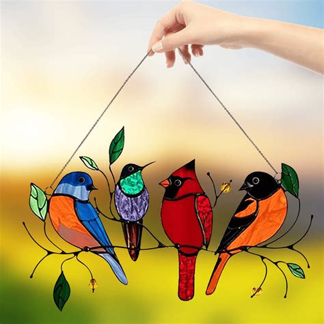 Birds on a Wire Stained Glass Suncatcher Window Panel, Multicolor ...