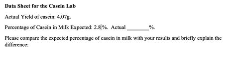 Solved Data Sheet for the Casein Lab Actual Yield of casein: | Chegg.com