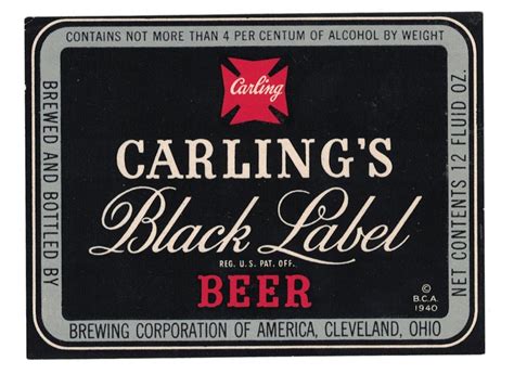 Carling's Black Label Beer Label ©1940