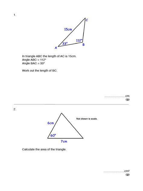 sine and cosine rule worksheet | PDF | Triangle | Geometric Measurement