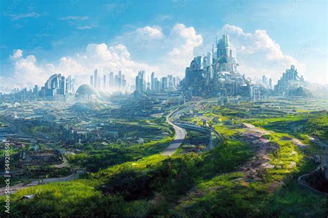 utopian landscape with a city in the distance, concept art Stock ...