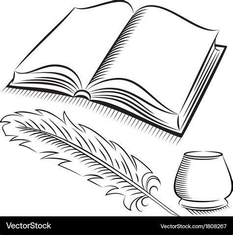 Sketch style quill and inkwell with book Vector Image