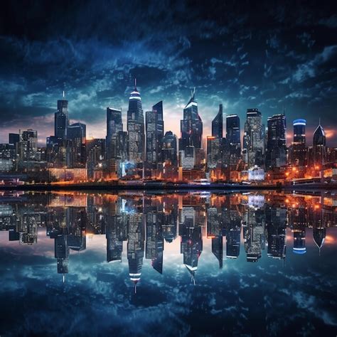 Premium AI Image | a city skyline with a dark sky and a city in the ...