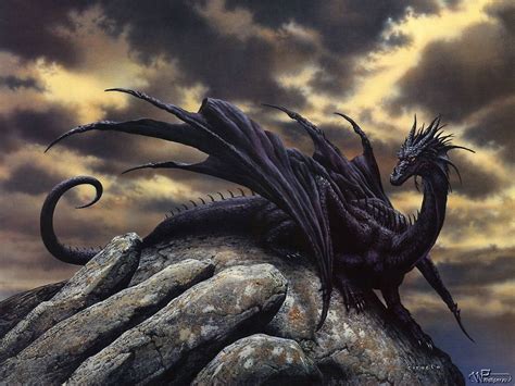 Black dragon on rock digital wallpaper, fantasy art, dragon HD ...