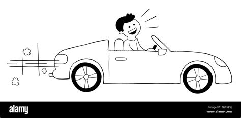 Cartoon man driving luxury convertible car, vector illustration. Black outlined and white ...