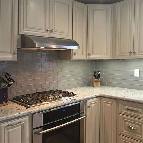 Grey Glass Subway Tile Kitchen Backsplash with White Cabinets - Tilehub