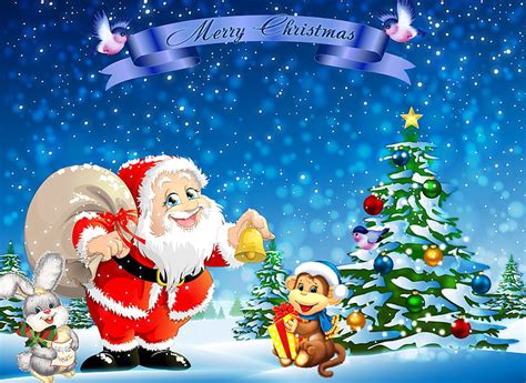 HD wallpaper: Santa Claus with monkey and rabbit Merry Christmas ...