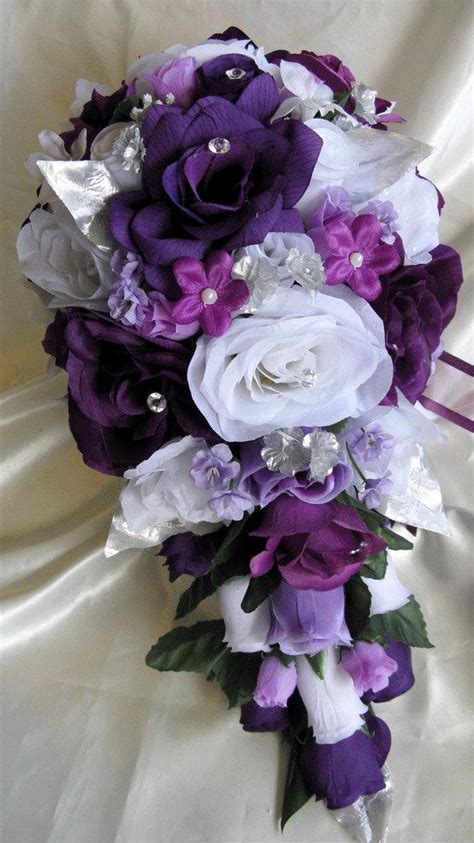 Wedding Bouquet Bridal Silk Flowers Cascade PLUM PURPLE SILVER 17 Pcs ...