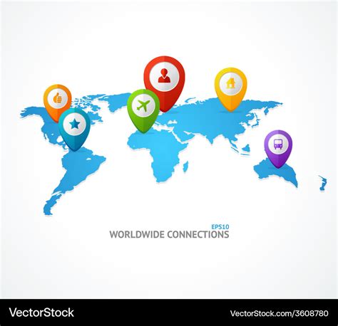 World map with color geo location pin Royalty Free Vector