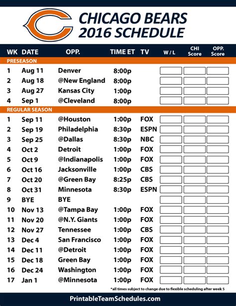 Printable Chicago Bears Schedule 2023 24