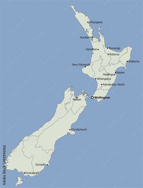 Highly detailed political New Zealand map, Main Cities Stock Vector ...