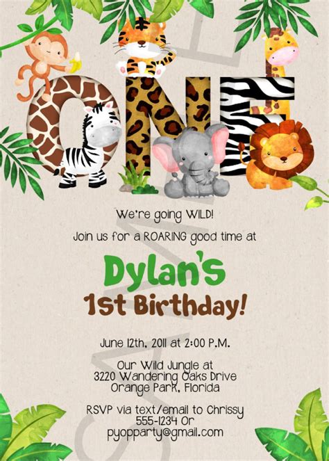 Jungle 1st Birthday Party Invitation Template Jungle Animals - Etsy