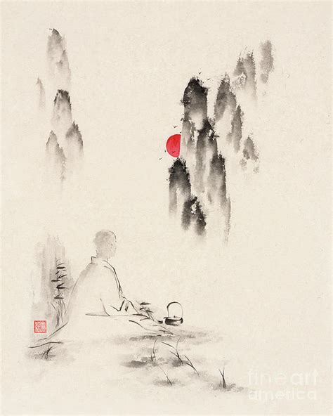 Zen sumi-e artwork of a monk meditating during the sunset in mis ...