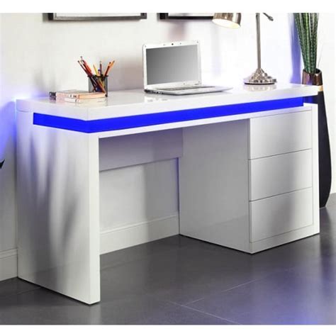 Emerson High Gloss Computer Desk In White With LED Lighting | Furniture ...