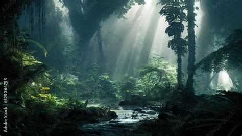 Dark rainforest, sun rays through the trees, rich jungle greenery ...