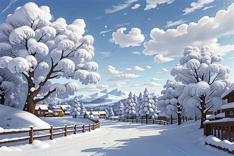 Winter Scene In Anime Style From Cloudy Sky And Snowy Trees Background ...