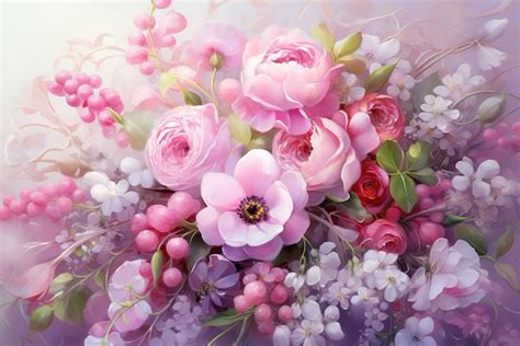 Pastel Bouquet Painting: Pink and White Flowers on Purple Background