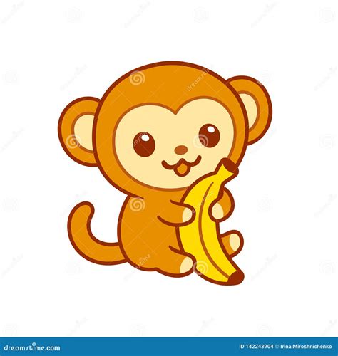 Cute Cartoon Baby Monkey with Banana Stock Vector - Illustration of ...