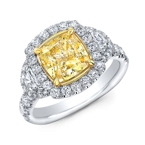 1.9ct. Cushion cut Yellow Diamond Halo Half Moon Side Stones Yellow ...