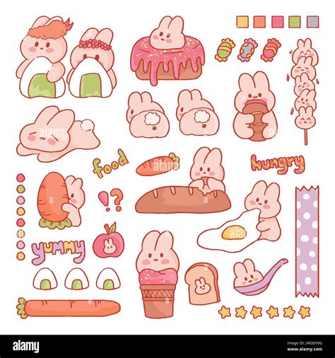 Cute bunny rabbit and dessert hand drawn illustration set collection ...