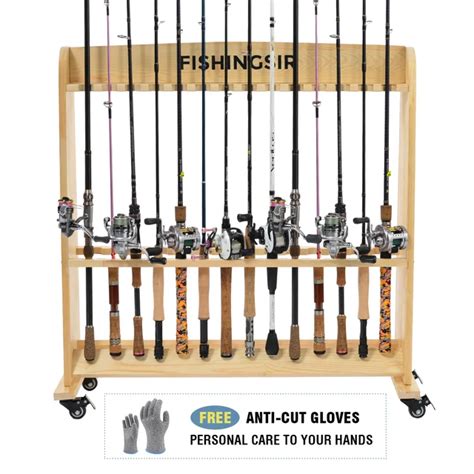 FISHINGSIR Fishing Rod Rack 28 Wood Rod Holder with Wheels Fishing Pole ...