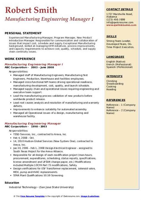 Manufacturing Engineer Resume Samples - Good Resume Examples