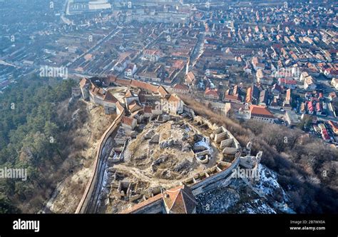 Aerial view of View of Rasnov Fortress and Rasnov city in Brașov ...