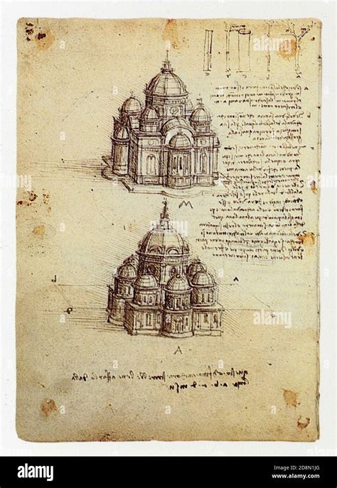 Leonardo da Vinci.Sheet with plans and perspective views of centralised ...