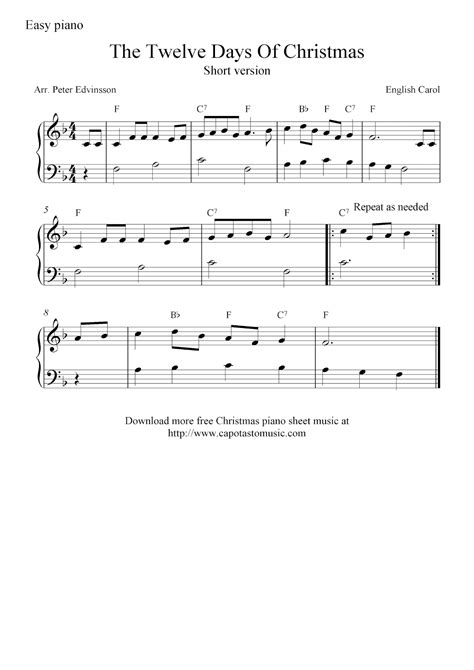 Free Christmas piano sheet music notes, The Twelve Days Of Christmas