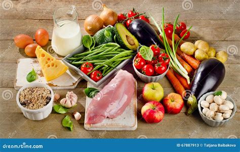 Balanced Diet Cooking And Healthy Food Concept On Wooden Table Stock