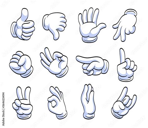 Different cartoon hands in white gloves flat icon set. Human character ...