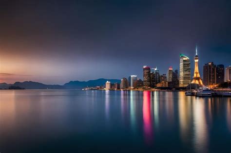 Premium AI Image | a city skyline with a dark sky and a city in the ...