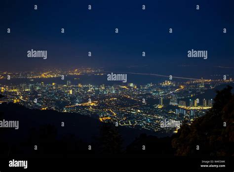 Night view of Penang City in Malaysia taken from the top of Penang Hill ...