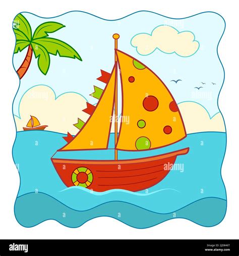 Cute Boat Cartoon Yacht Clipart Vector Illustration Nature Background